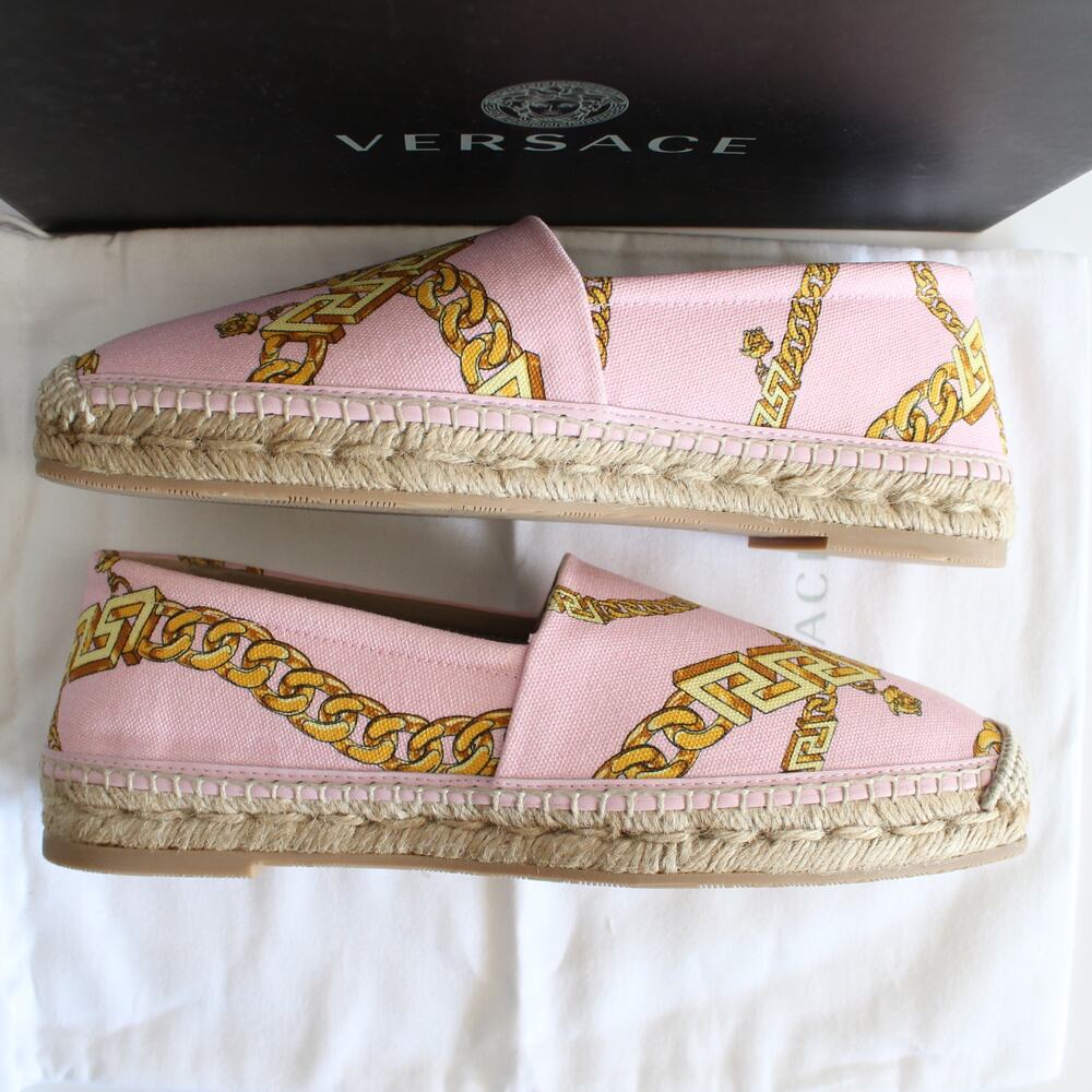 New Versace Pink & Gold Chain Graphic-Print Canvas Slip-On Espadrilles - Picture 5 of 14